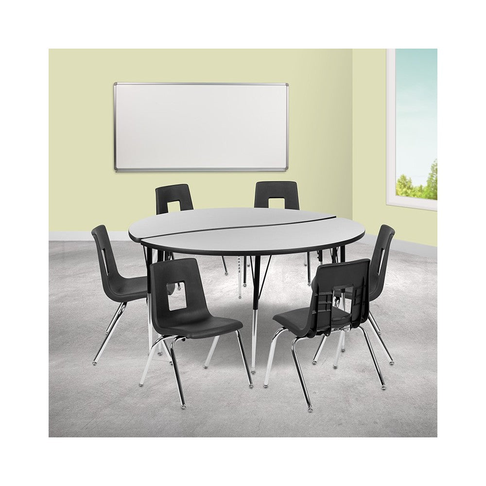 60" Circle Wave Collaborative Laminate Activity Table Set with 18" Student Stack Chairs, Gray/Black
