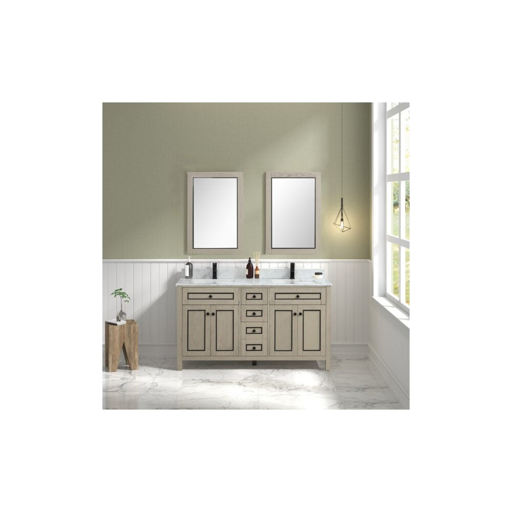 60" Light Oak Finish Sink Vanity Cabinet With Carrara White Top