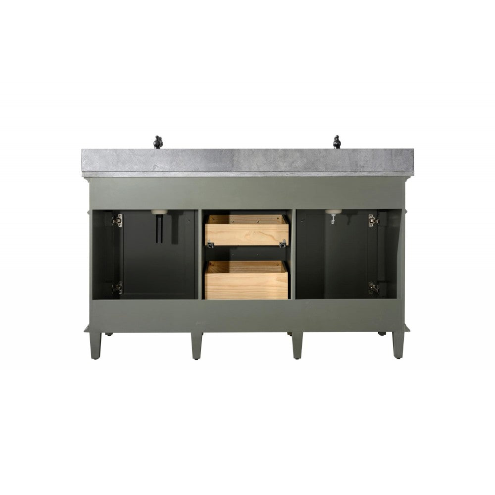 60" Pewter Green Finish Double Sink Vanity Cabinet With Blue Lime Stone Top