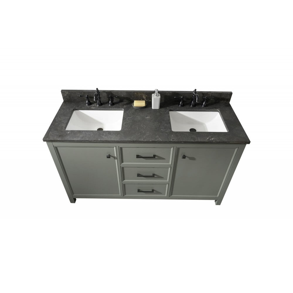 60" Pewter Green Finish Sink Vanity Cabinet With Blue Lime Stone Top