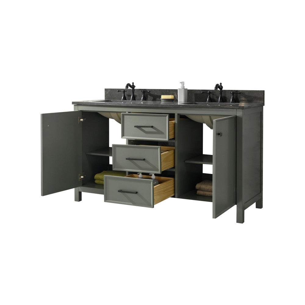 60" Pewter Green Finish Sink Vanity Cabinet With Blue Lime Stone Top