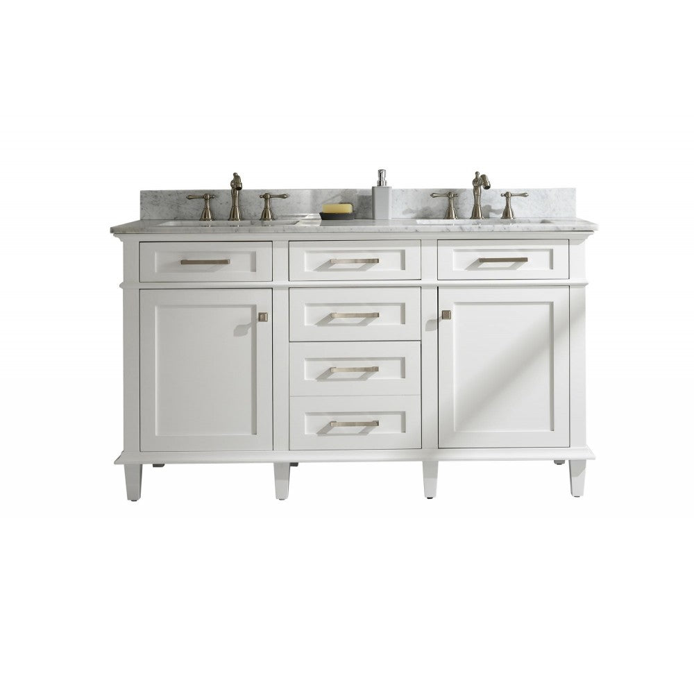 60" White Finish Double Sink Vanity Cabinet With Carrara White Top