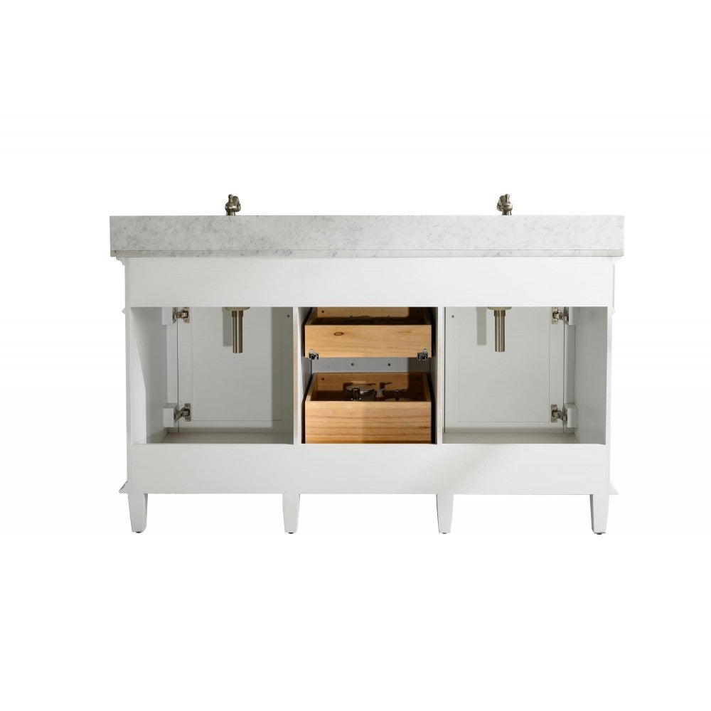 60" White Finish Double Sink Vanity Cabinet With Carrara White Top