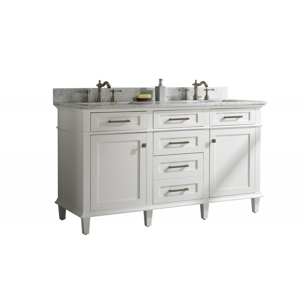 60" White Finish Double Sink Vanity Cabinet With Carrara White Top