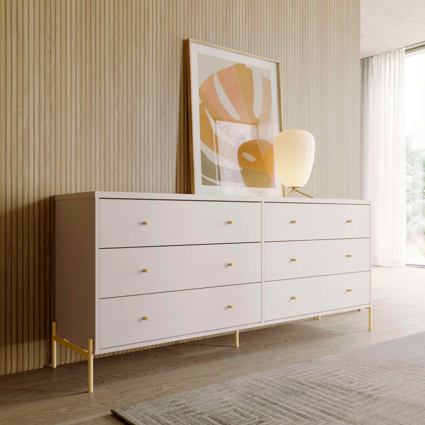 Jasper 71.65" Double Dresser with Steel Gold Legs in Off White Matte