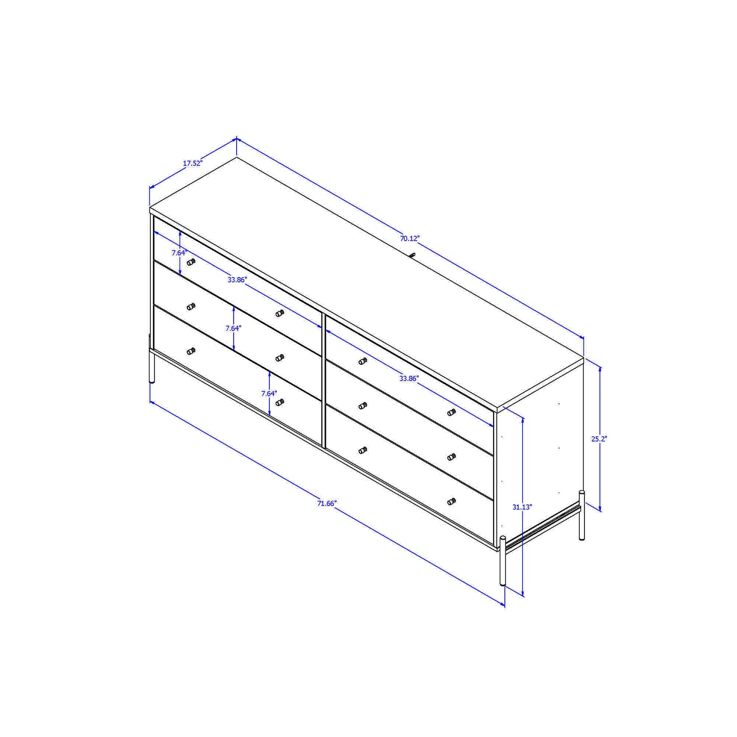 Jasper 71.65" Double Dresser with Steel Gold Legs in Off White Matte