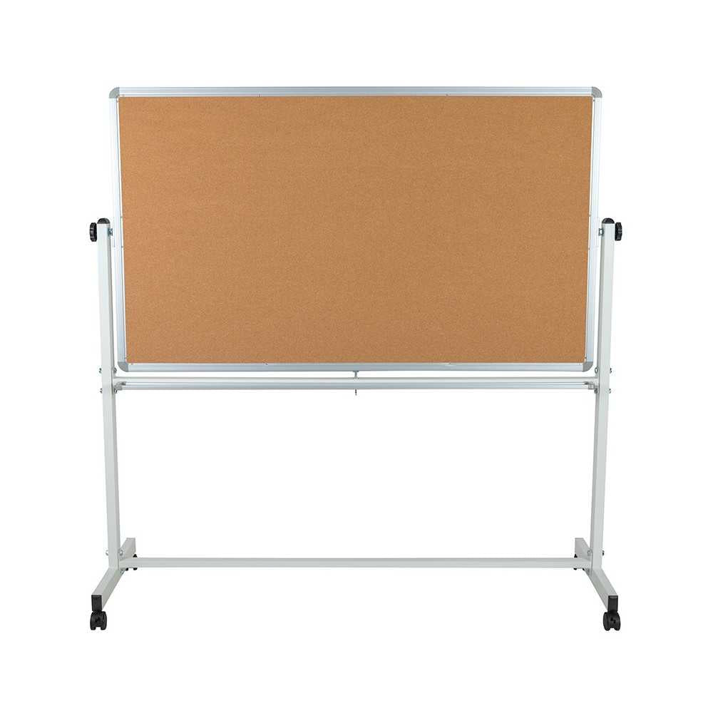 62.5"W x 62.25"H Reversible Mobile Cork Bulletin Board and White Board with Pen Tray