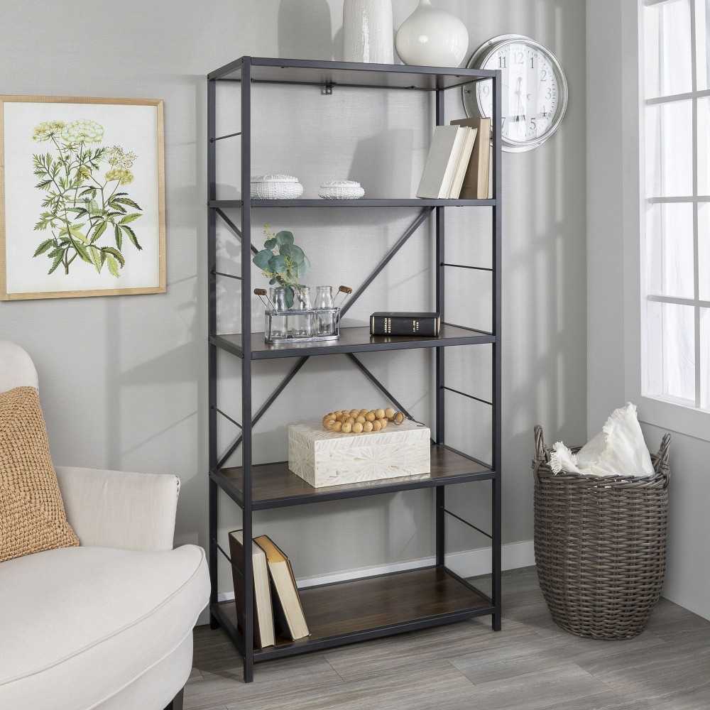 63" Rustic Industrial Bookcase - Dark Walnut