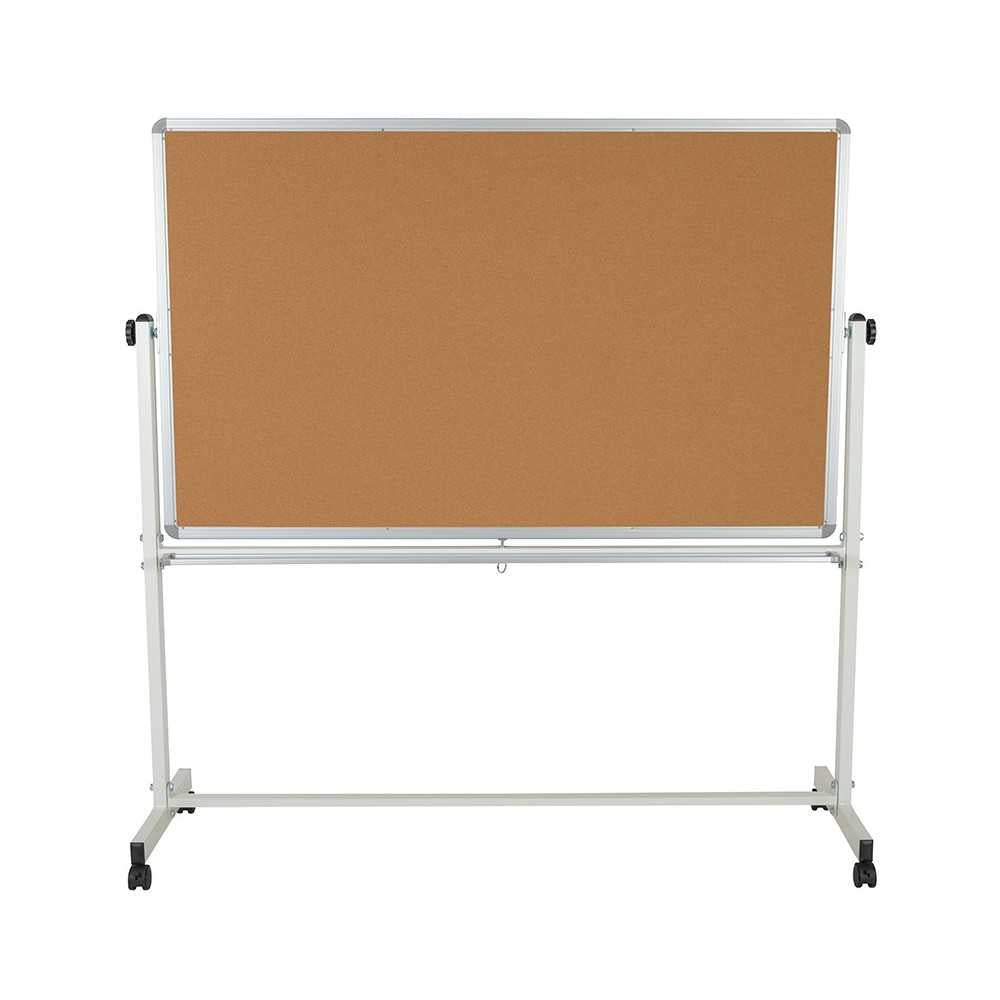 64.25"W x 64.75"H Reversible Mobile Cork Bulletin Board and White Board with Pen Tray