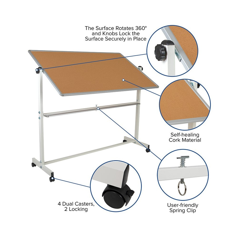 64.25"W x 64.75"H Reversible Mobile Cork Bulletin Board and White Board with Pen Tray