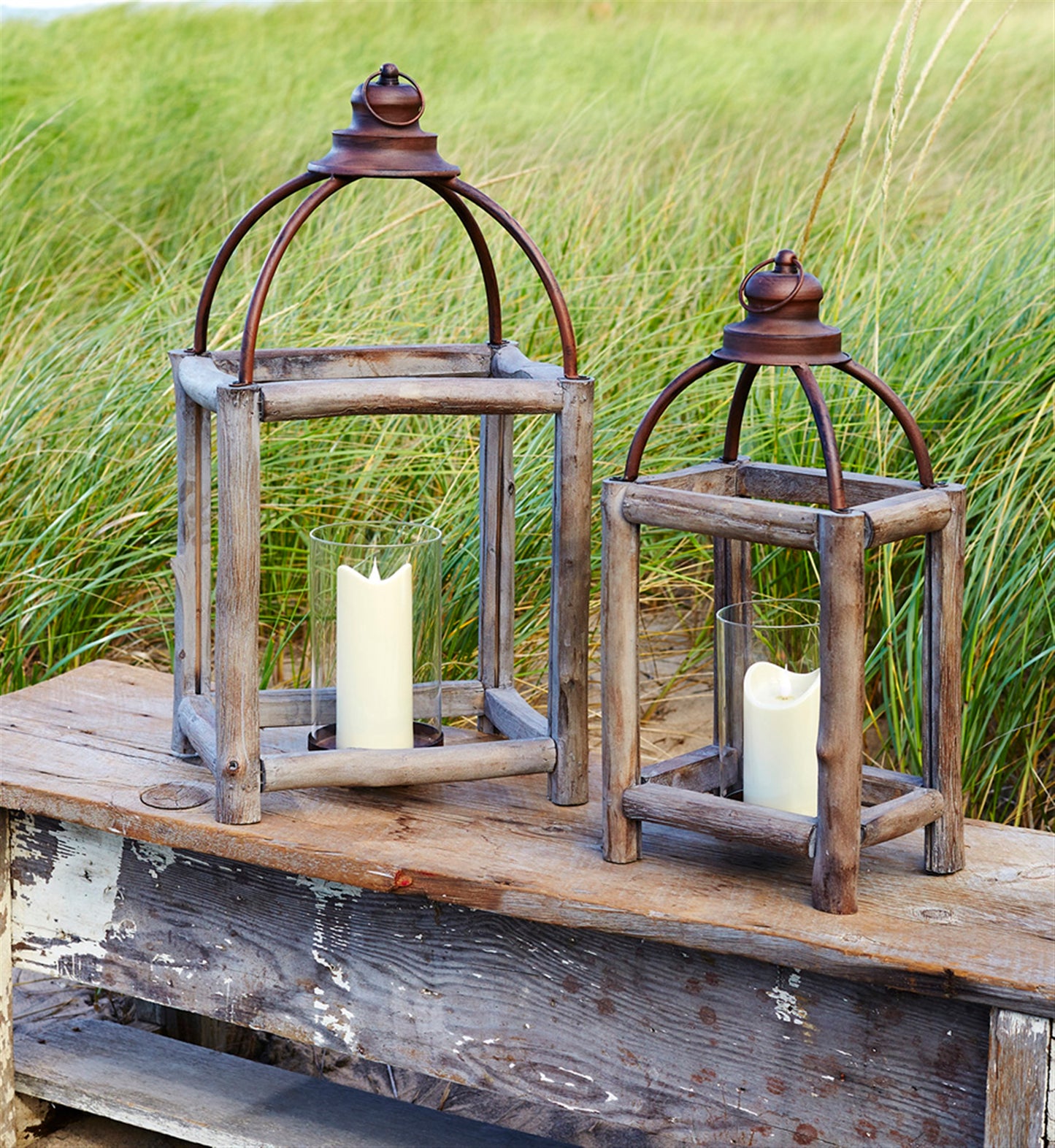 Lanterns (Set Of 2) 20.5"H, 26"H Wood/Metal/Glass