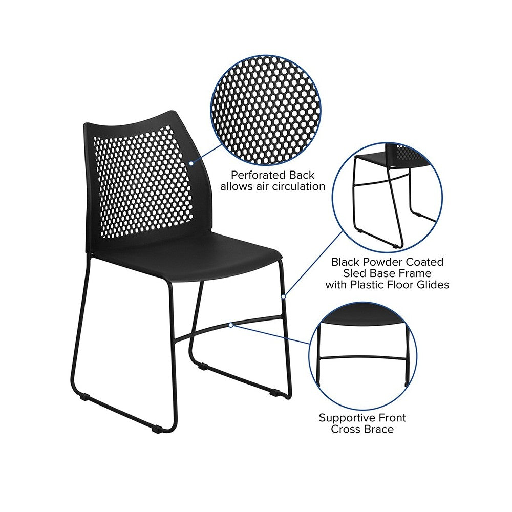 661 lb. Capacity Black Stack Chair with Air-Vent Back and Black Powder Coated Sled Base