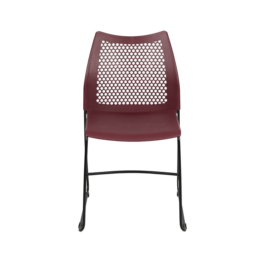 661 lb. Capacity Burgundy Stack Chair with Air-Vent Back and Black Powder Coated Sled Base
