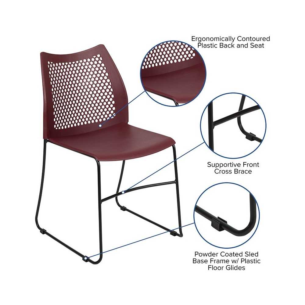 661 lb. Capacity Burgundy Stack Chair with Air-Vent Back and Black Powder Coated Sled Base