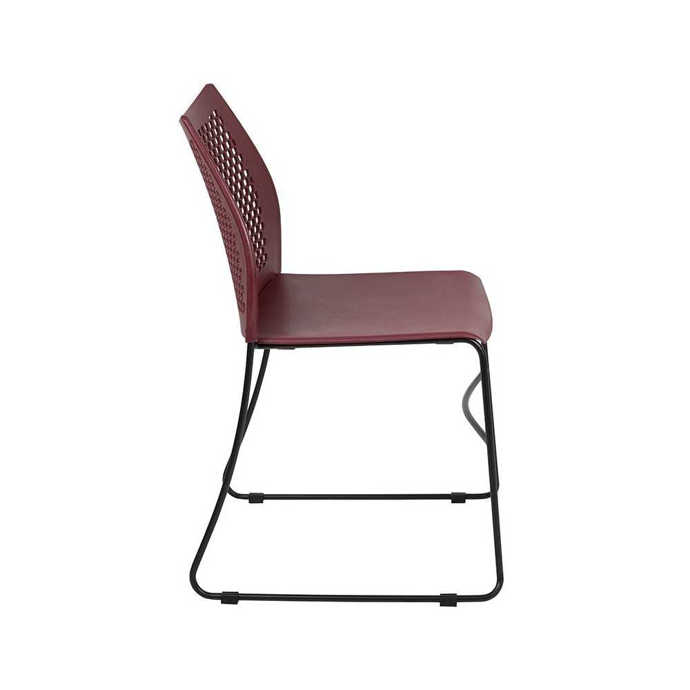 661 lb. Capacity Burgundy Stack Chair with Air-Vent Back and Black Powder Coated Sled Base