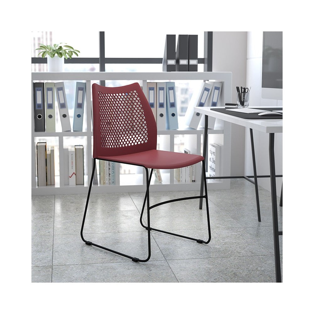 661 lb. Capacity Burgundy Stack Chair with Air-Vent Back and Black Powder Coated Sled Base