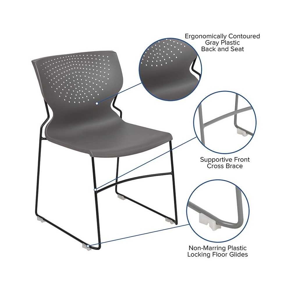 661 lb. Capacity Gray Full Back Stack Chair with Black Powder Coated Frame