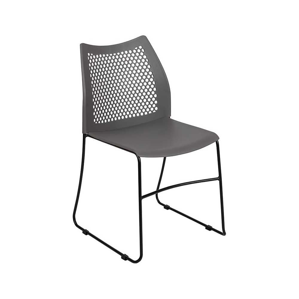 661 lb. Capacity Gray Stack Chair with Air-Vent Back and Black Powder Coated Sled Base