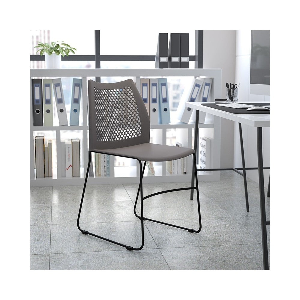 661 lb. Capacity Gray Stack Chair with Air-Vent Back and Black Powder Coated Sled Base