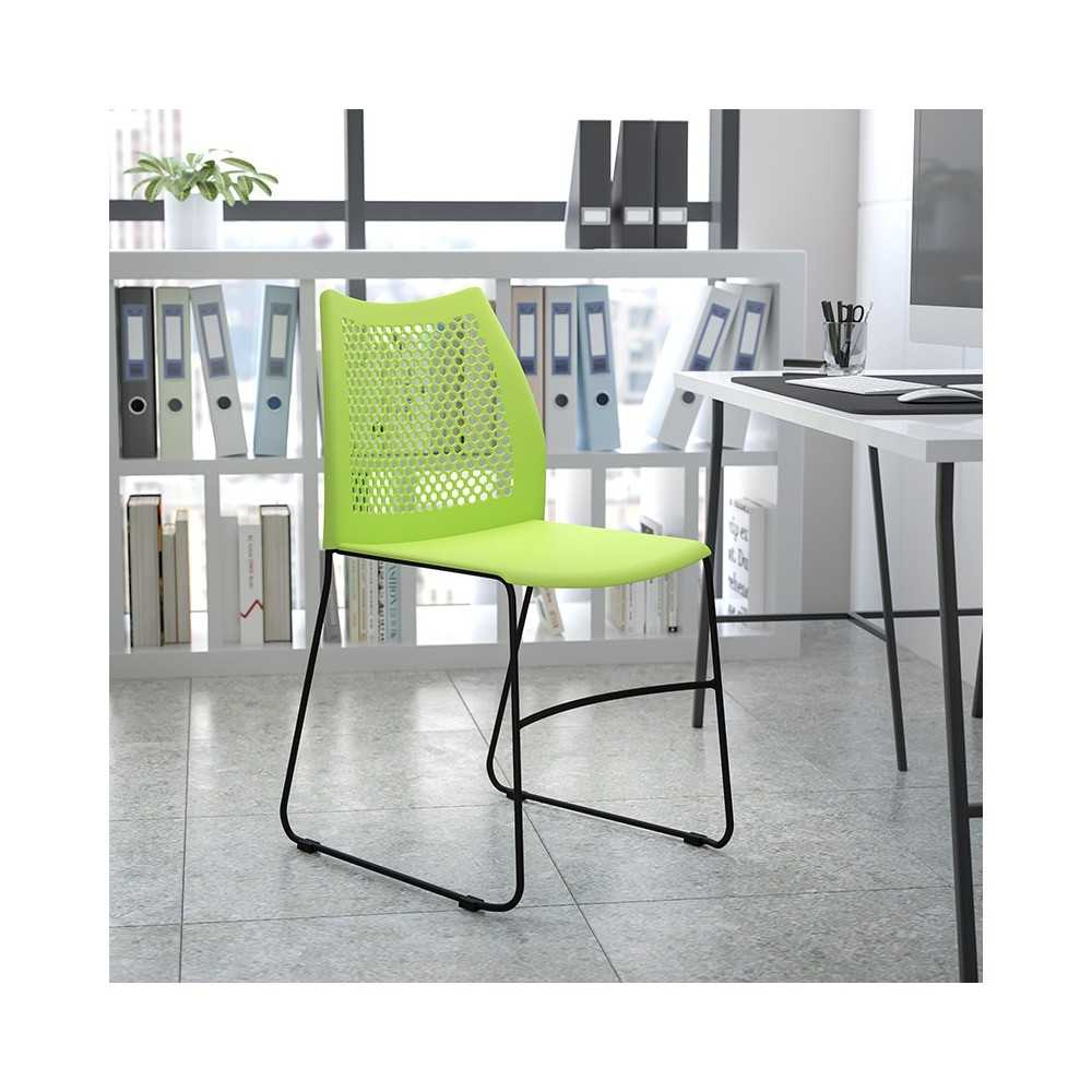 661 lb. Capacity Green Stack Chair with Air-Vent Back and Gray Powder Coated Sled Base