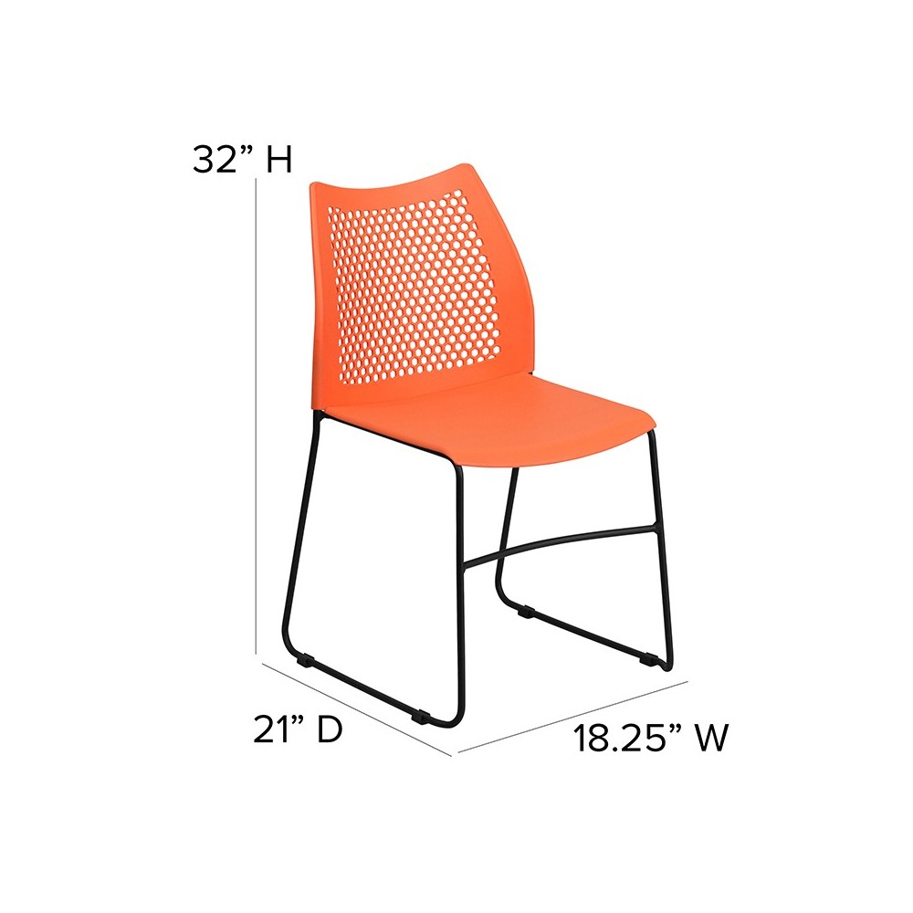 661 lb. Capacity Orange Stack Chair with Air-Vent Back and Black Powder Coated Sled Base