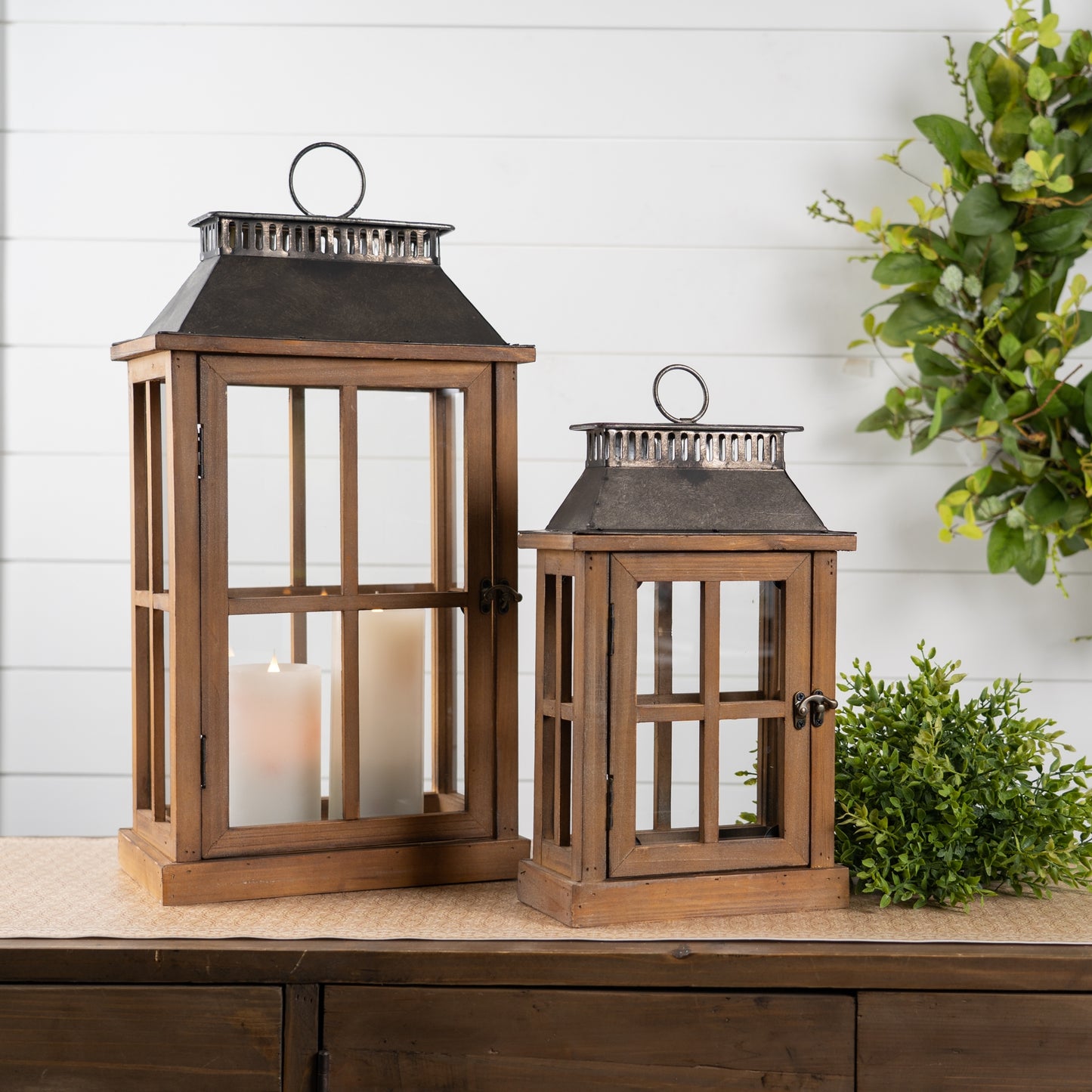 Lanterns (Set Of 2) 13.5"H, 20"H Wood/Metal/Glass