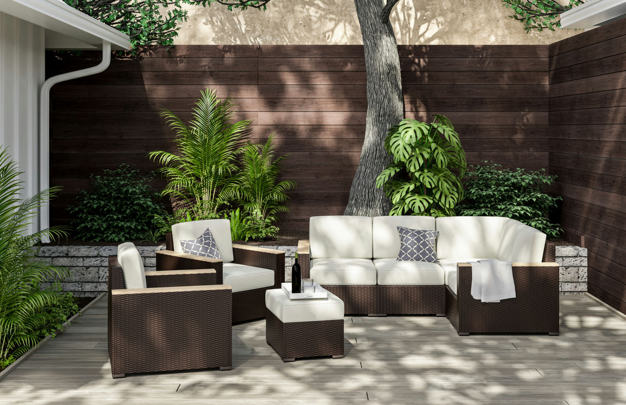 Palm Springs Outdoor 4 Seat Sectional, Arm Chair Pair and Ottoman by homestyles