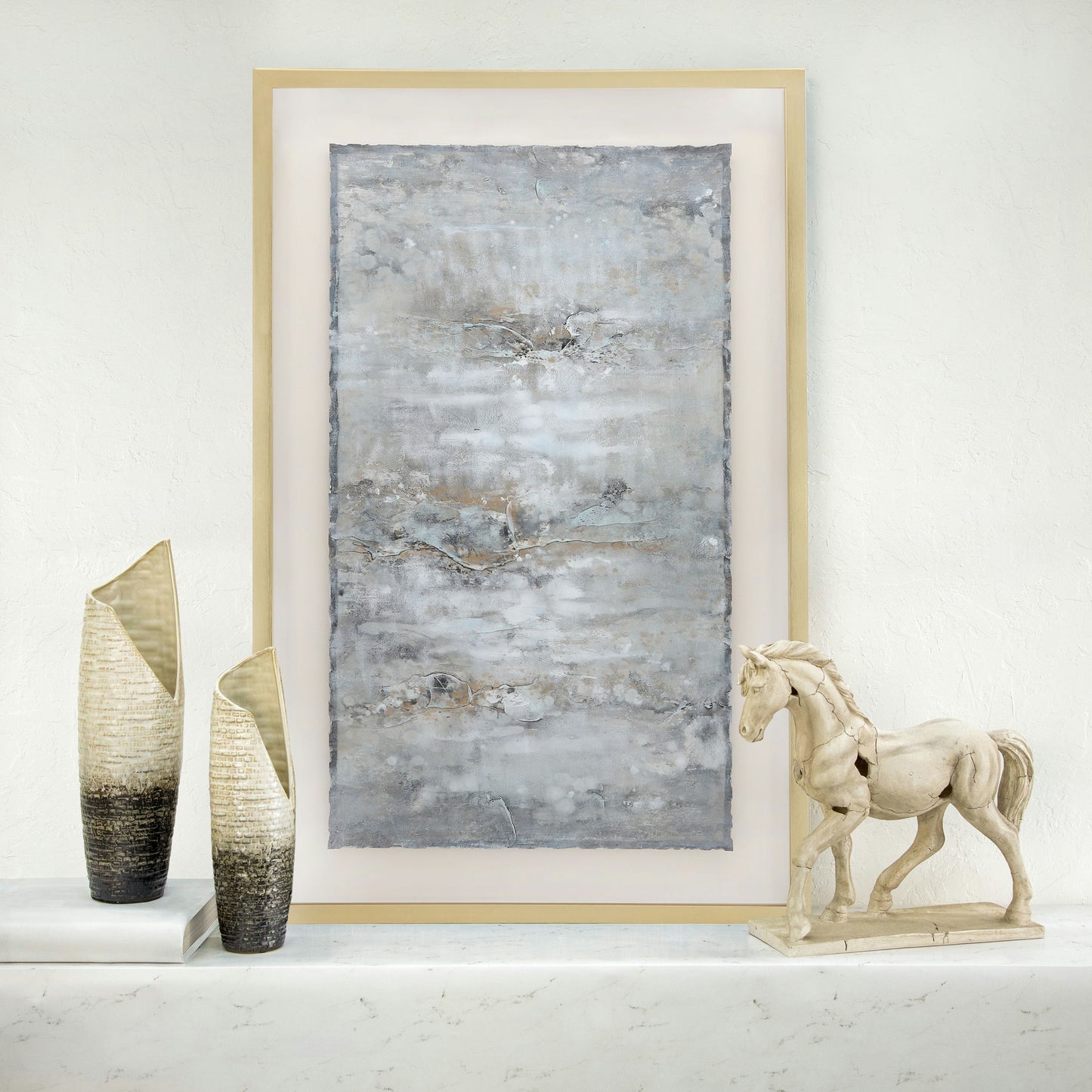 48x30 Abstract Canvas, Gray On Gold Frame
