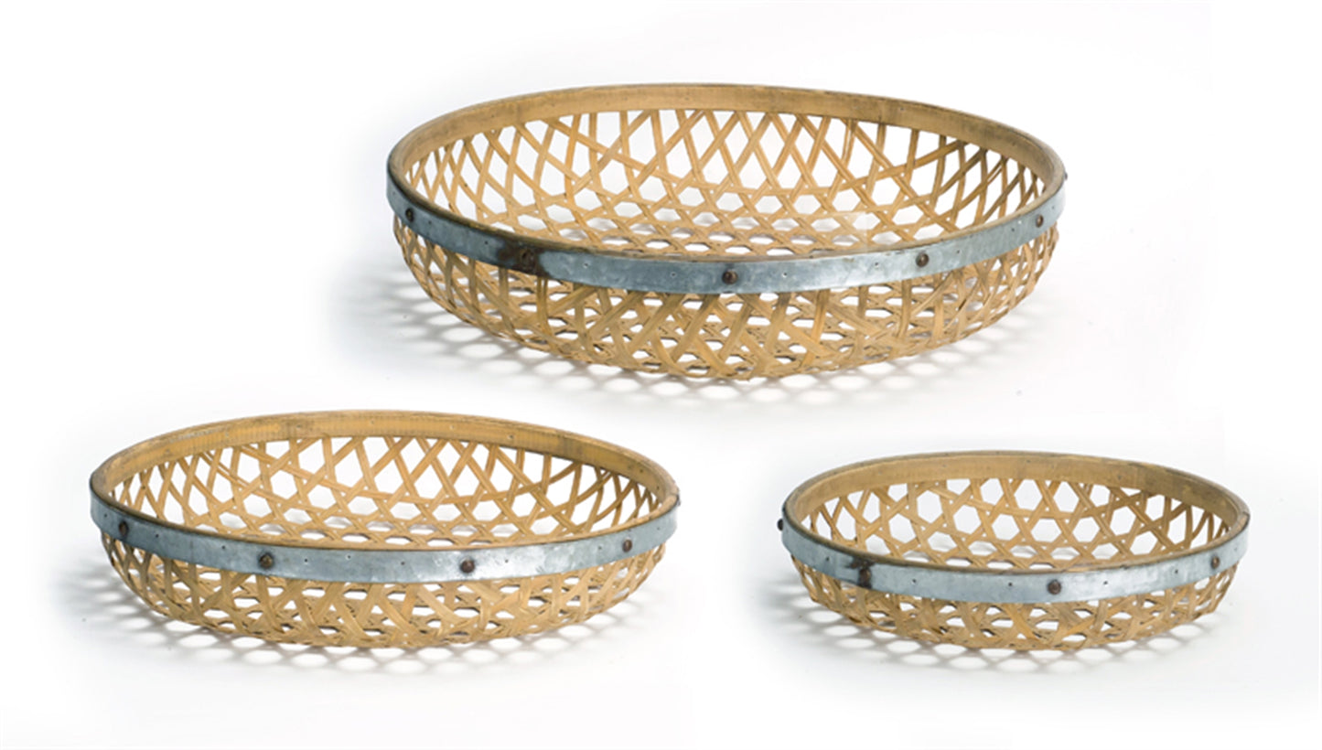 Round Woven Tray (Set Of 3) 17"D, 20"D, 23.5"D Bamboo/Metal