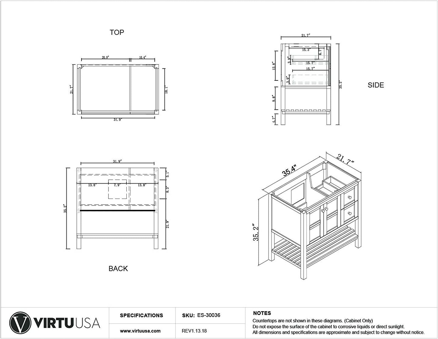 Virtu USA ES-30036-WMRO-WH-NM Winterfell 36" Single Bathroom Vanity in White with Marble Top and Round Sink, 36 inches