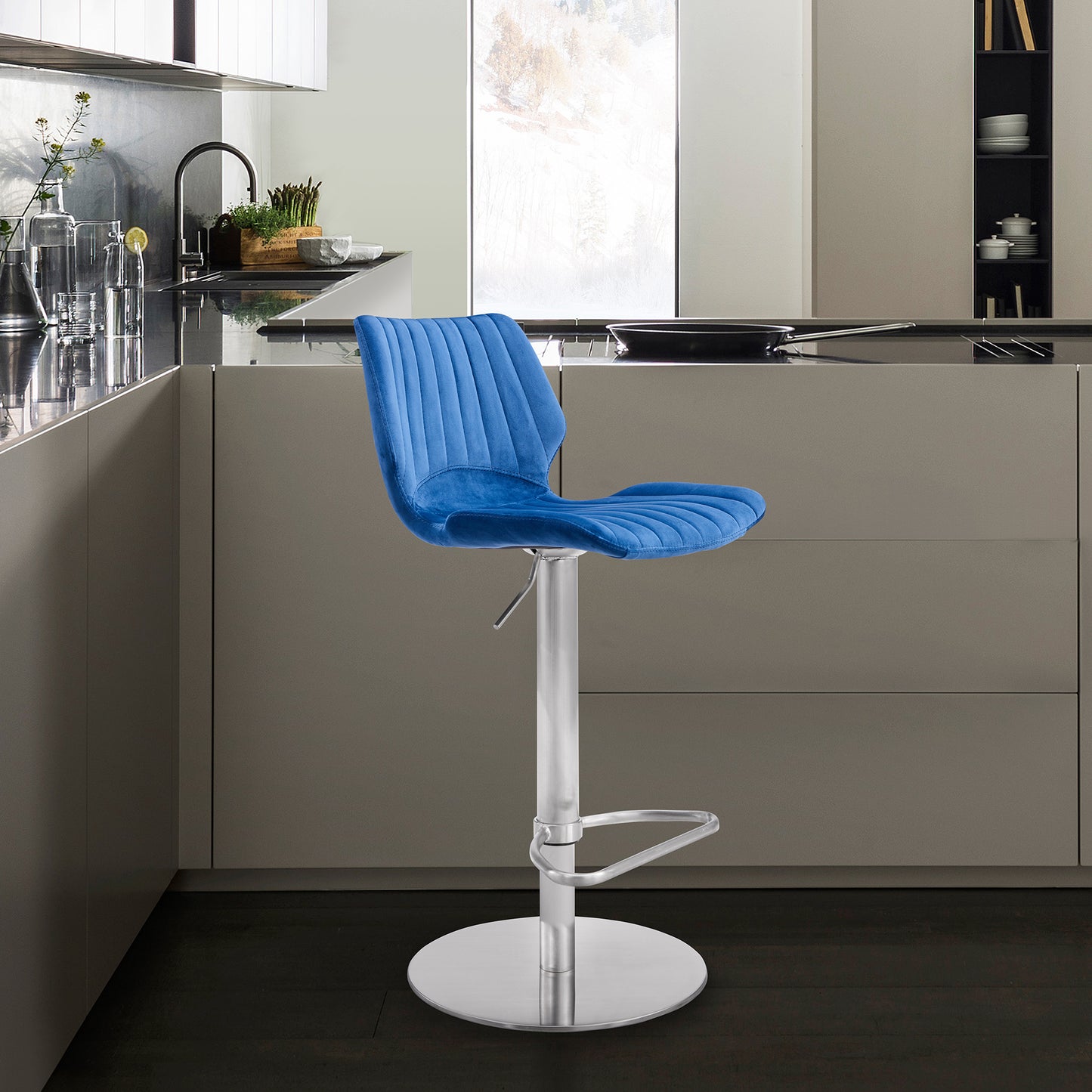 Anika Adjustable Blue Velvet and Brushed Stainless Steel Bar and Counter Stool