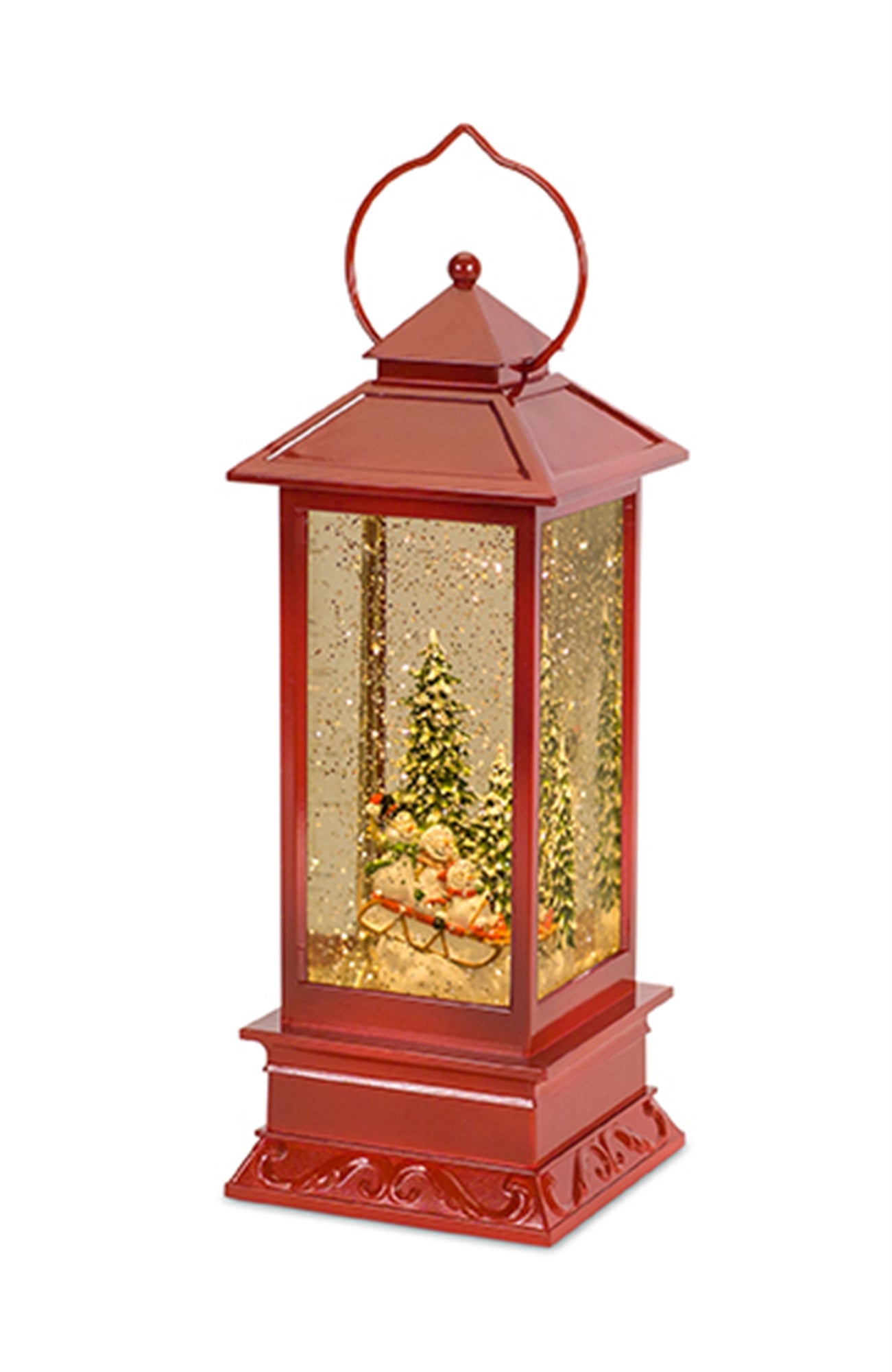 Lantern Snow Globe With Snowman Family/Sled 10.5"H Plastic