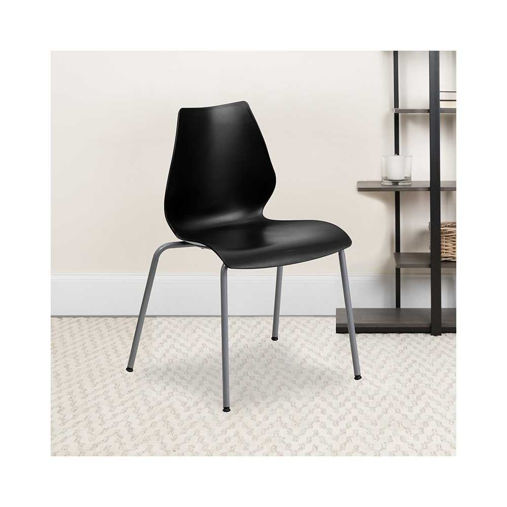 770 lb. Capacity Black Stack Chair with Lumbar Support and Silver Frame