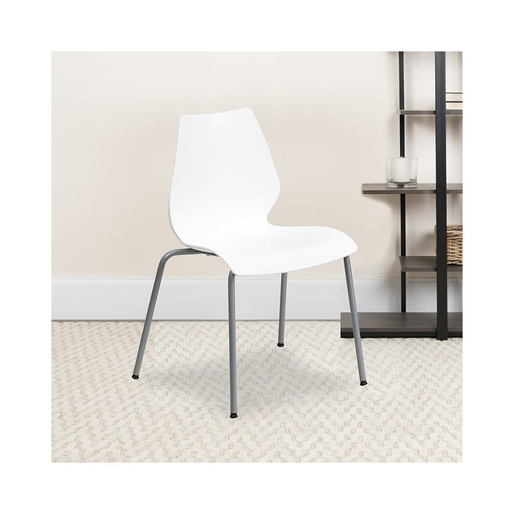 770 lb. Capacity White Stack Chair with Lumbar Support and Silver Frame