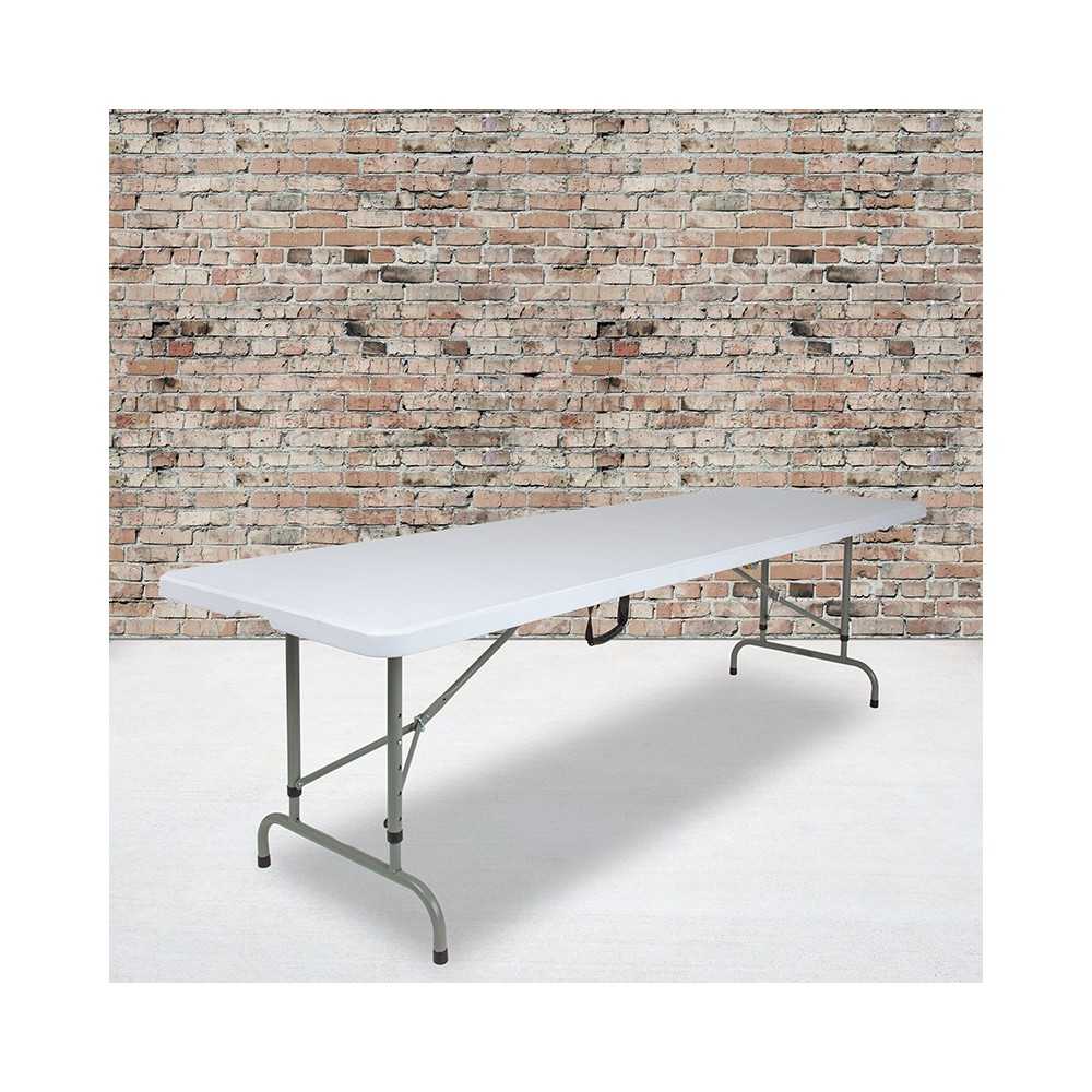 8-Foot Height Adjustable Bi-Fold Granite White Plastic Banquet and Event Folding Table with Carrying Handle