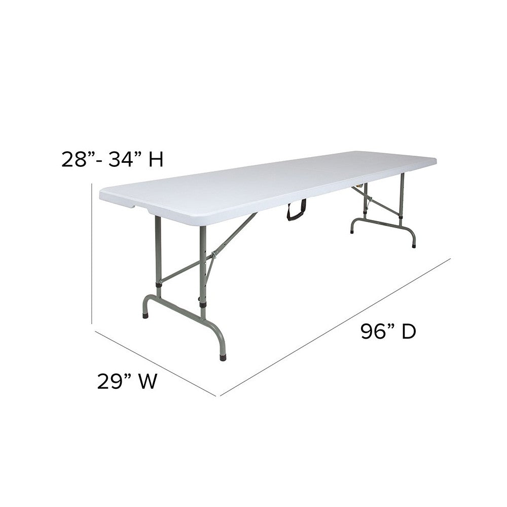 8-Foot Height Adjustable Bi-Fold Granite White Plastic Banquet and Event Folding Table with Carrying Handle
