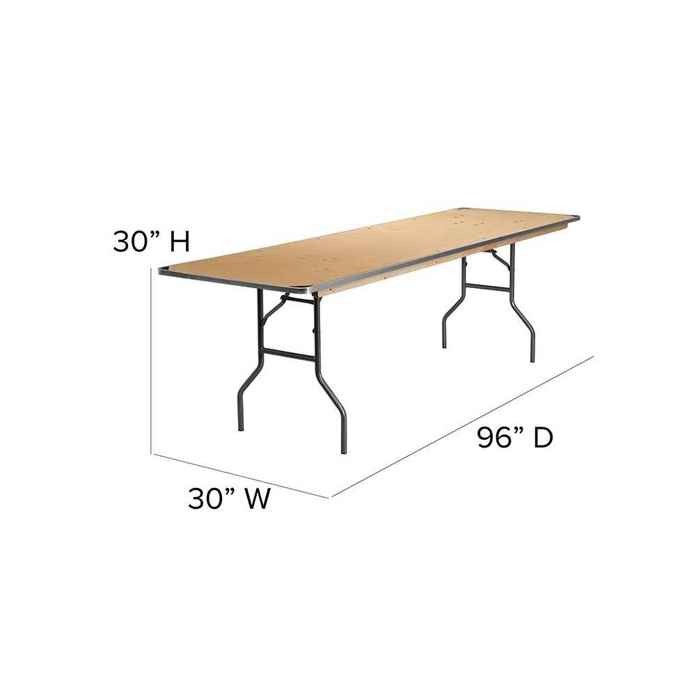 8-Foot Rectangular HEAVY DUTY Birchwood Folding Banquet Table with METAL Edges and Protective Corner Guards