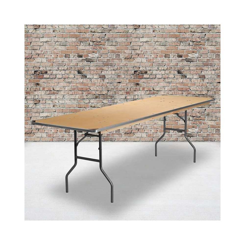 8-Foot Rectangular HEAVY DUTY Birchwood Folding Banquet Table with METAL Edges and Protective Corner Guards