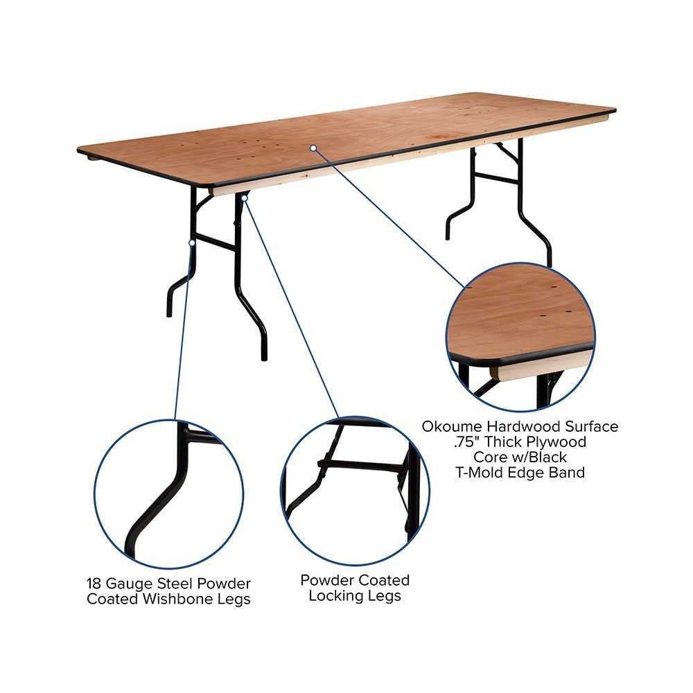 8-Foot Rectangular Wood Folding Banquet Table with Clear Coated Finished Top