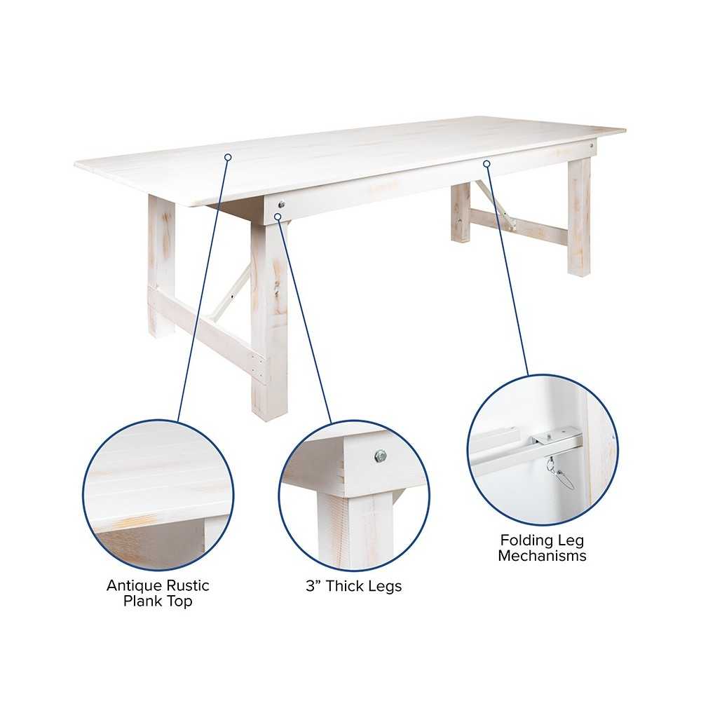 8' x 40" Rectangular Antique Rustic White Solid Pine Folding Farm Table