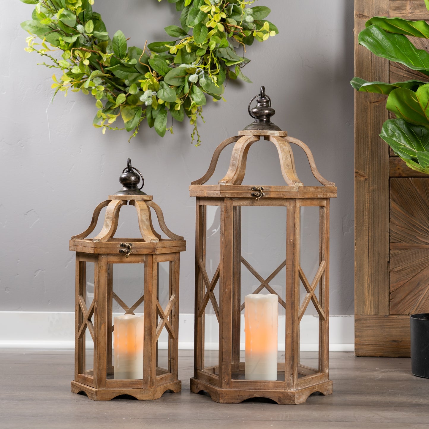 Lantern (Set Of 2) 23.5"H, 31"H Wood/Iron