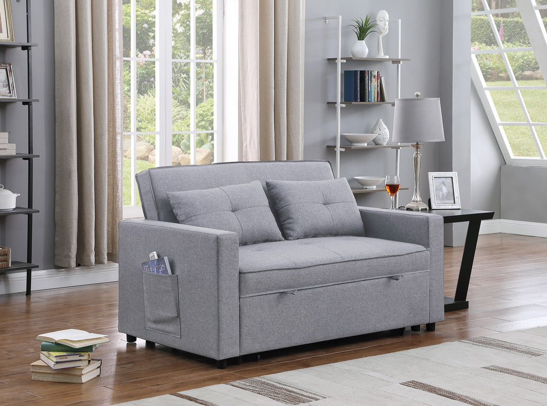 Lilola Home Zoey Light Gray Linen Convertible Sleeper Loveseat with Side Pocket