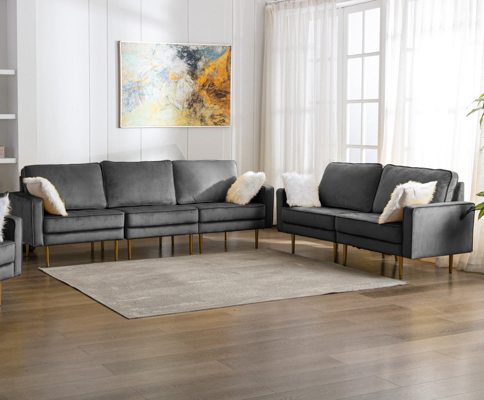 Lilola Home Theo Gray Velvet Sofa Loveseat Living Room Set with Pillows