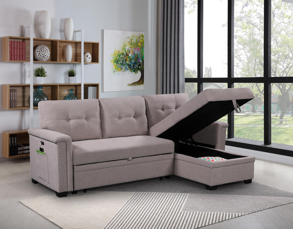 Ashlyn Light Gray Reversible Sleeper Sectional, Storage Chaise, Charging Ports