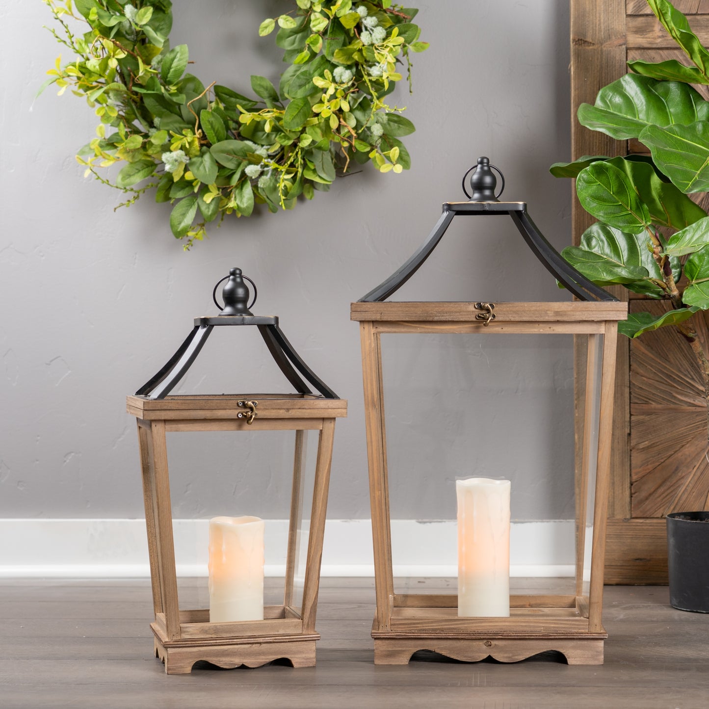 Lantern (Set Of 2) 24"H, 30.5"H Wood/Glass
