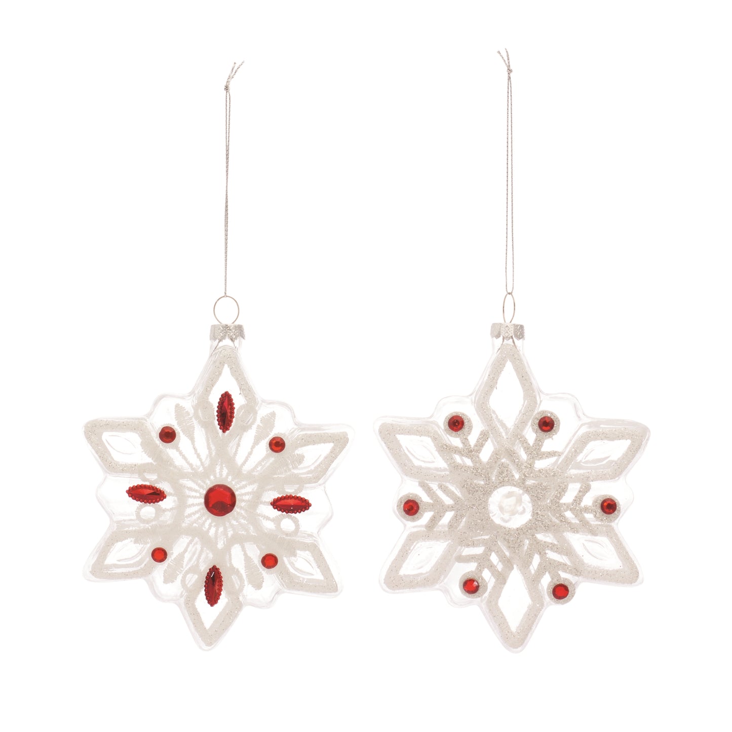 Snowflake Ornament (Set Of 12) 5.5"H Glass, Red, White
