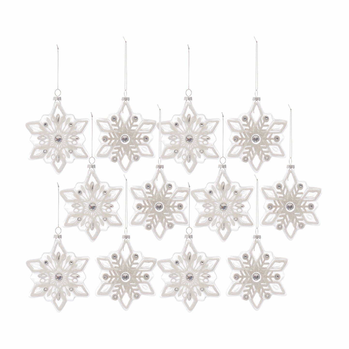 Snowflake Ornament (Set Of 12) 5.5"H Glass, White, Blue