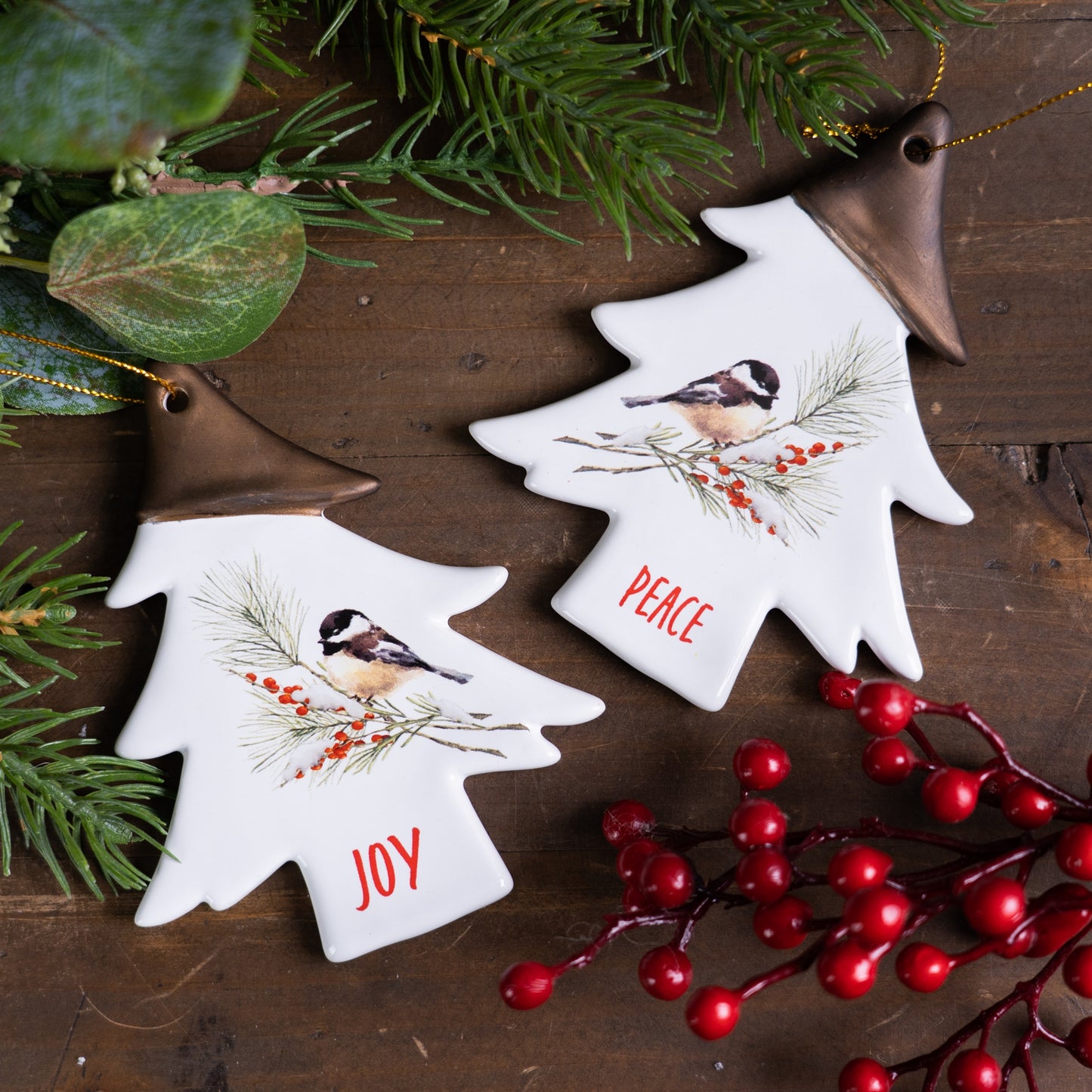 Chickadee Joy And Peace Tree Ornament (Set Of 12) 4.75"H Clay