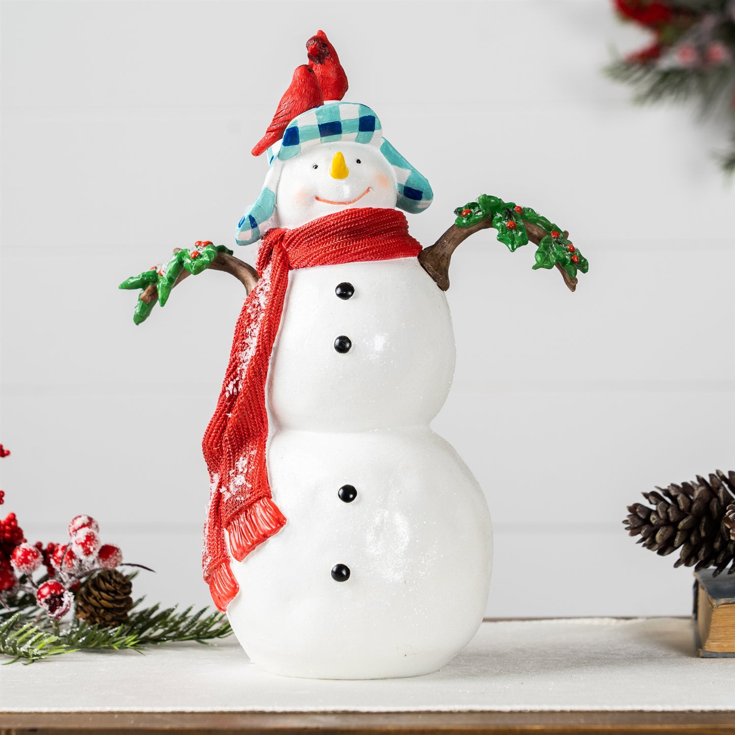 Snowman W/Cardinals 12.5"H Resin