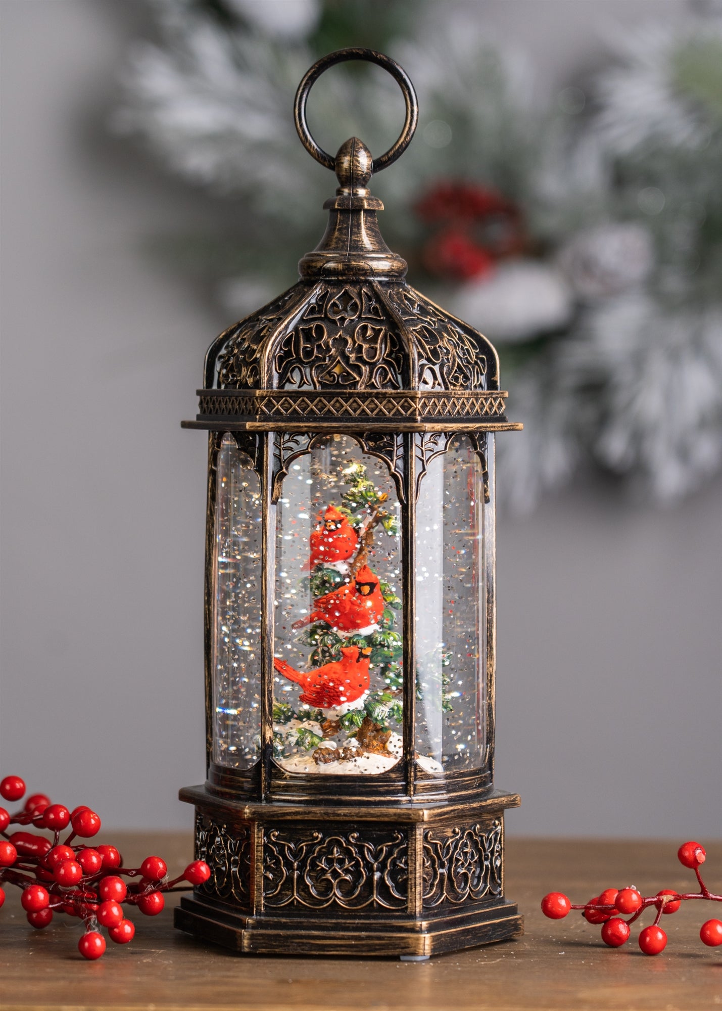 Snow Globe W/Cardinals 13"H Plastic 6 Hr Timer Included
